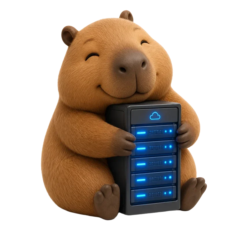 Nubi, la mascota capibara de Nubiux, abrazando un servidor