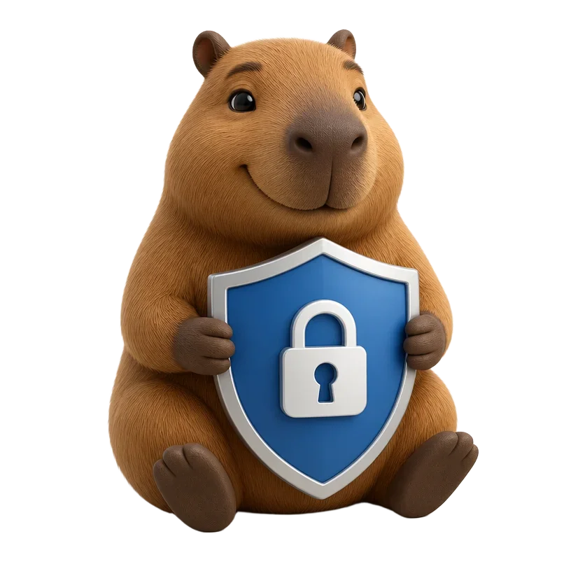 Nubi, la mascota capibara de Nubiux, con un escudo de seguridad