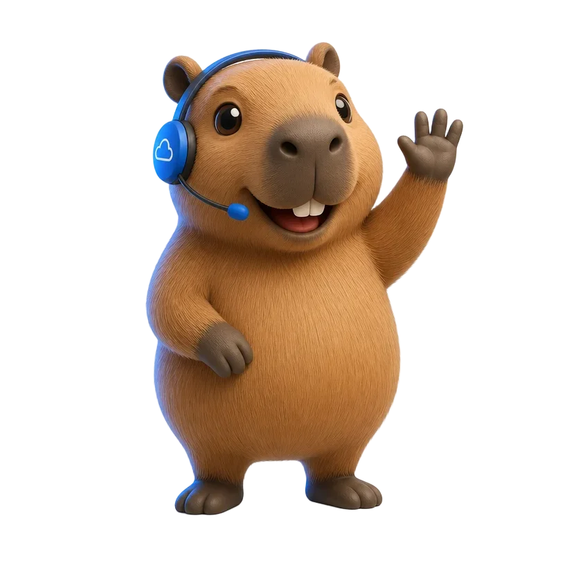 Nubi, la mascota capibara de Nubiux, saludando con auriculares